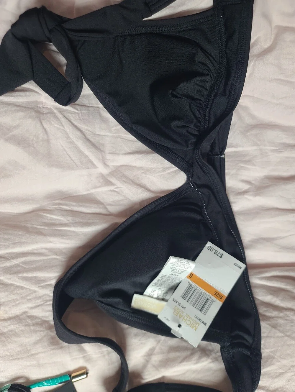 Michael Kors Bikini Top Black Ruched Triangle Swimsuit Logo NWT